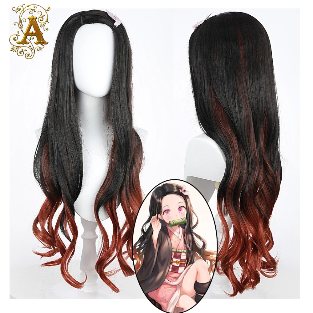 Anime Cosplay Long Black Hair - Wig Cosplay Anime Nezuko Rambut Keriting