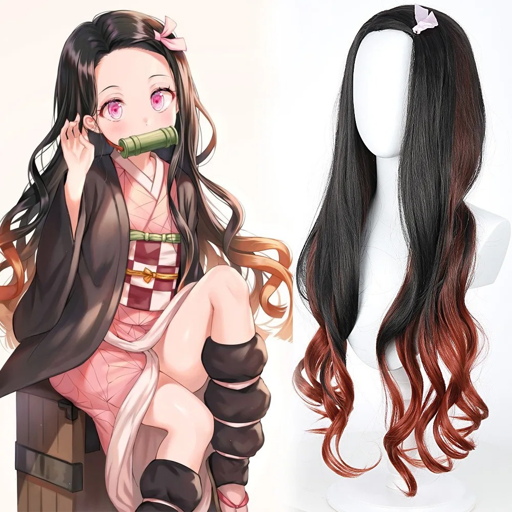 Wig Cosplay Anime Nezuko Rambu - Anime Cosplay Long Black Hair ulasan dan harga